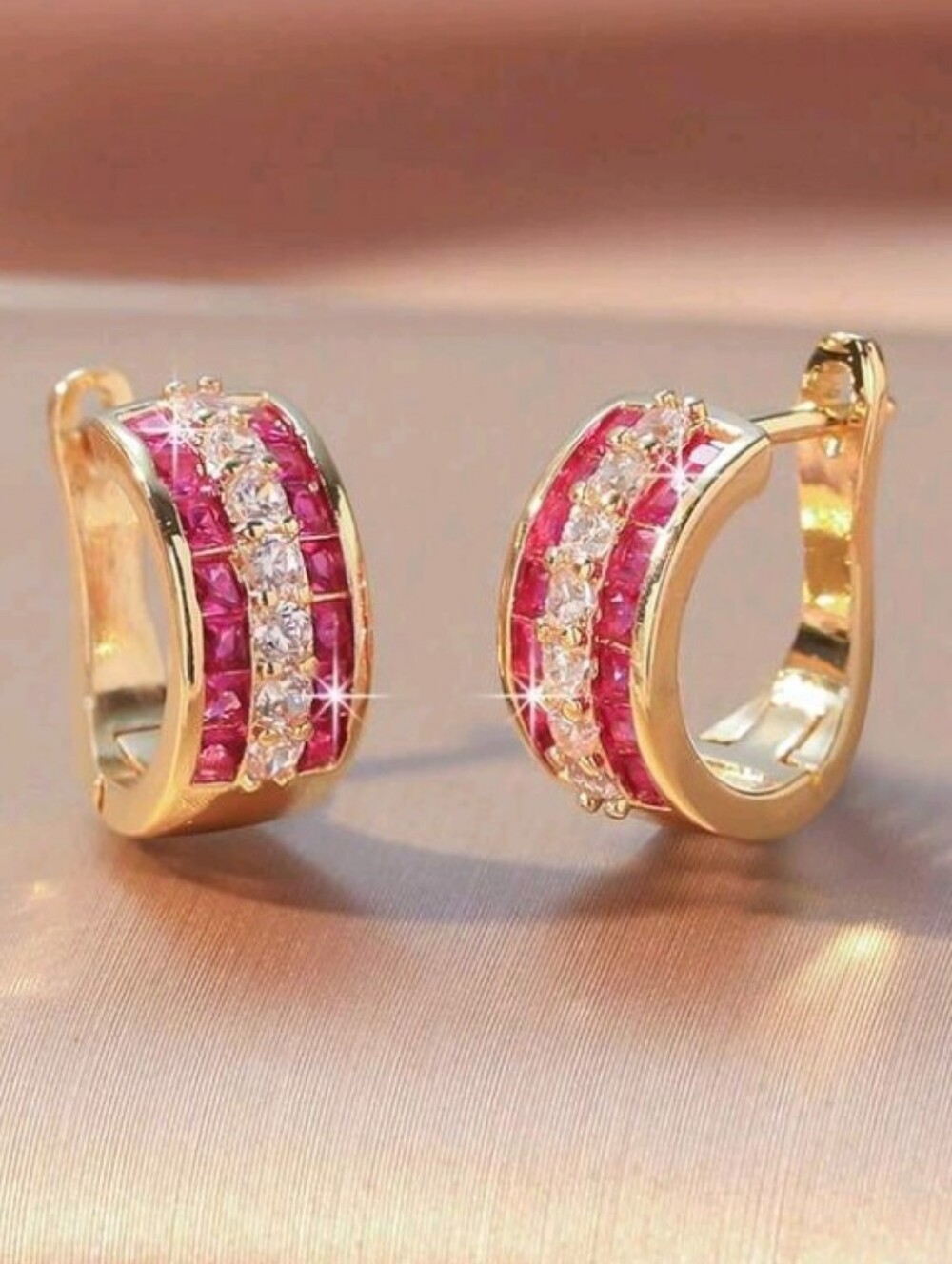 NEW! 18K Gold Plated Classic Ruby & Diamond Small Huggie Hoop Earrings